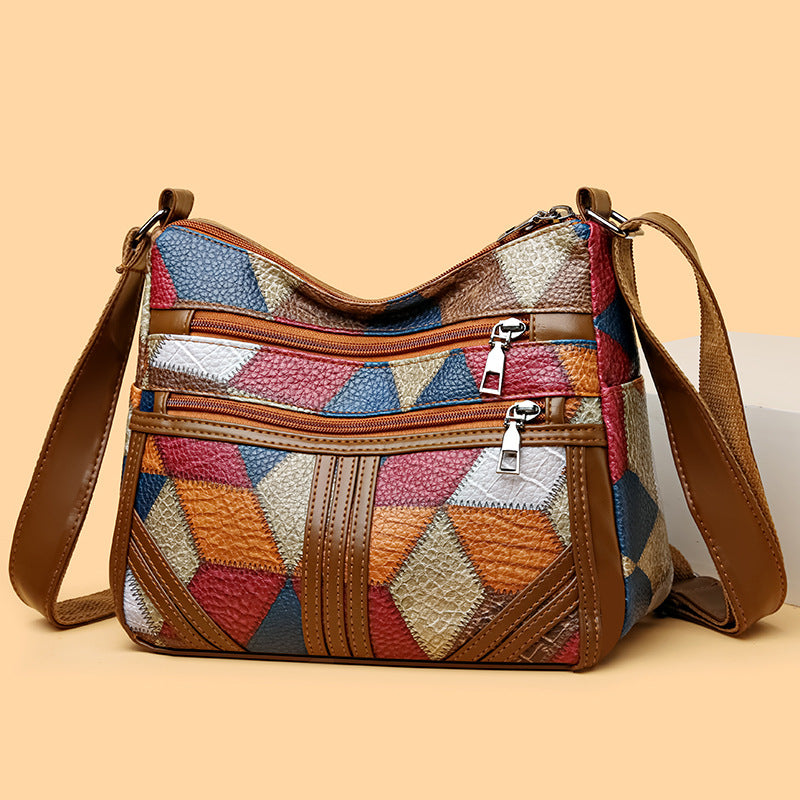 Womens Fashionable Multi-Layer Crossbody Bag With Color-Block Patchwork