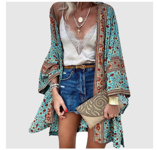 Casual Fashion Vacation Batwing Long Sleeve Cardigan Printed Top