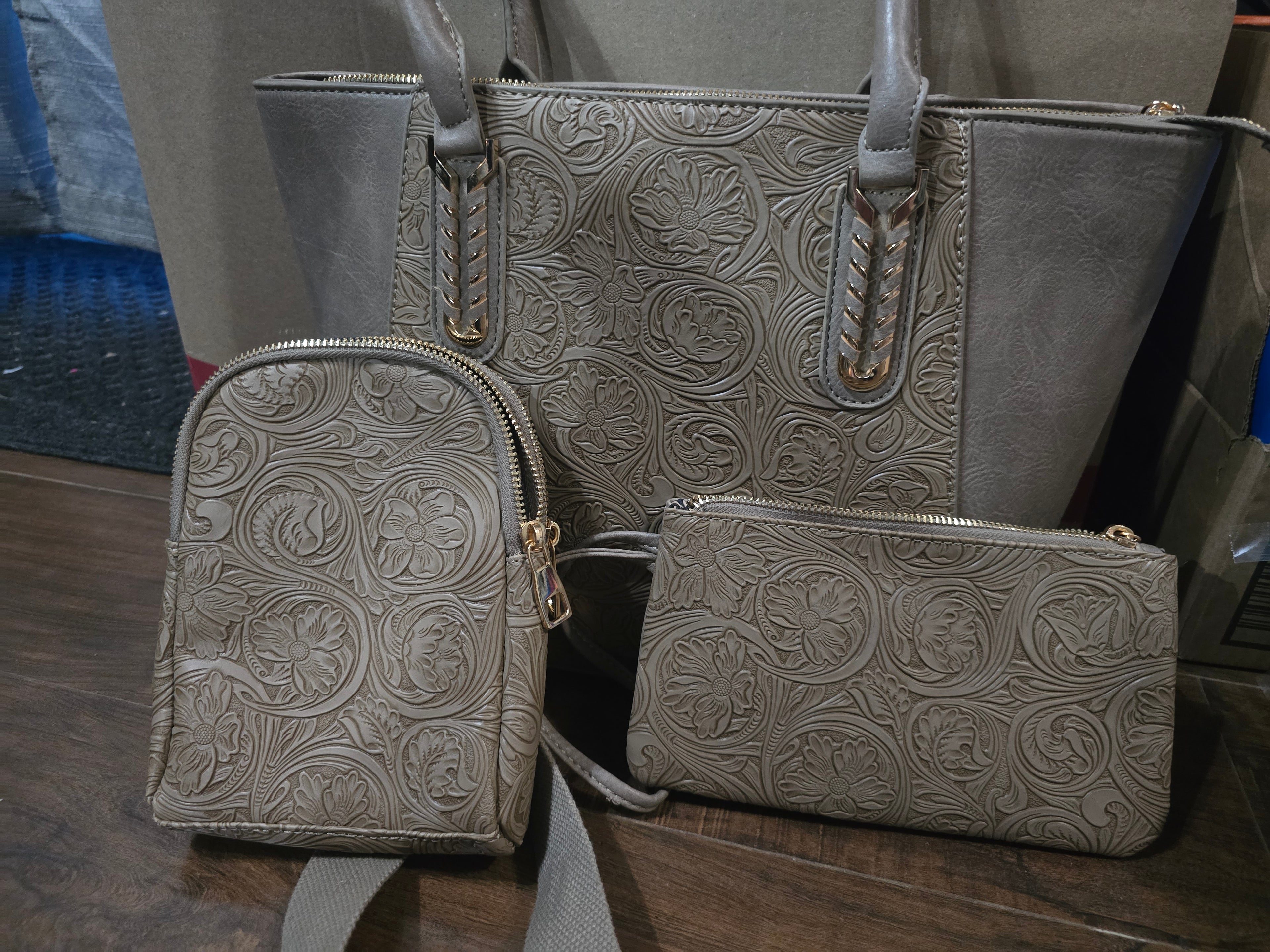 3 in 1 taupe embellished bag with floral undertones