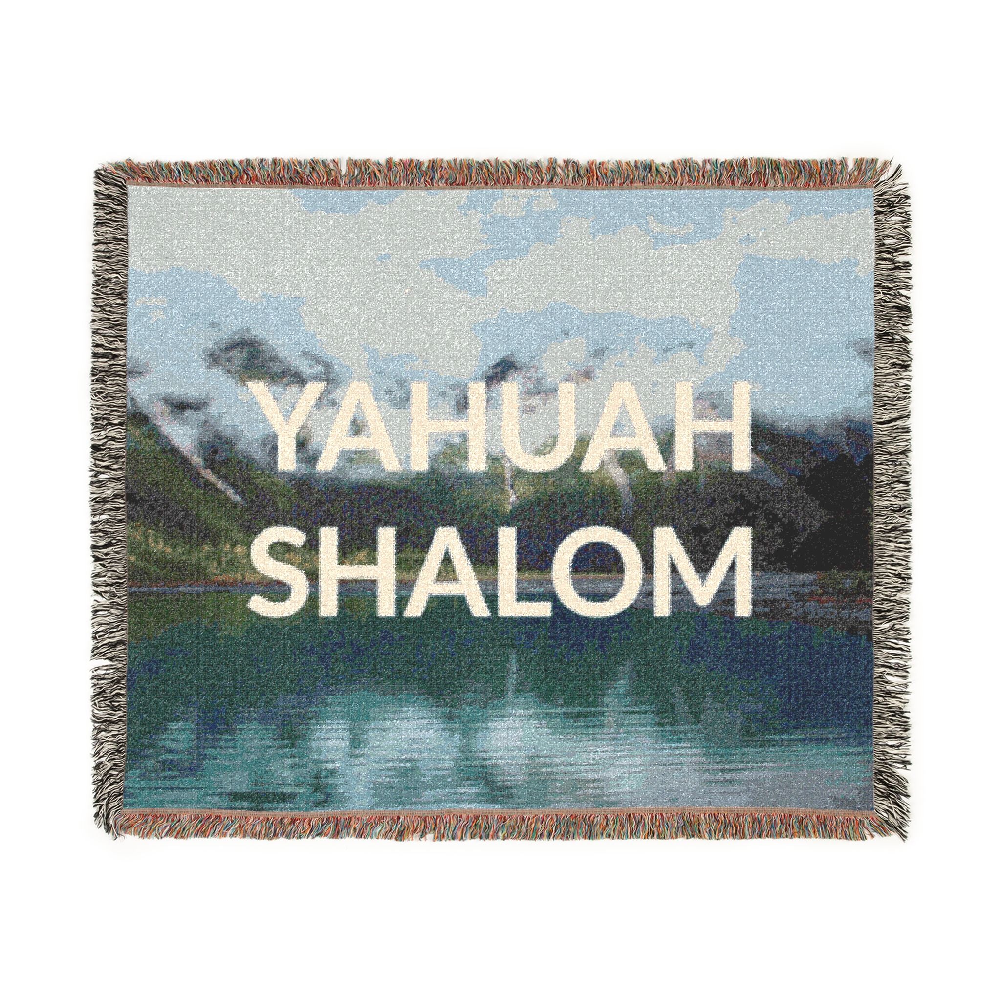 Woven Blanket — 'YAHUAH SHALOM' Peace Throw Blanket with Scenic Mountain Design