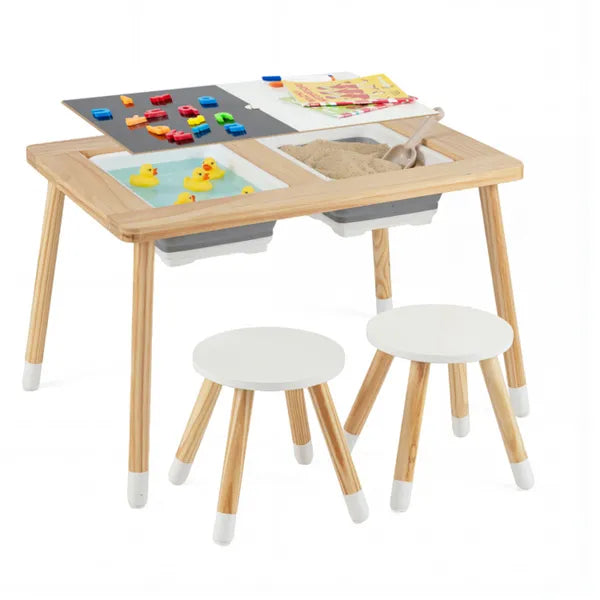 All-in-One Kids Activity Table And Chairs Set, Pine Wood Sensory Table With Foldable Storage Bins For Ages 3+