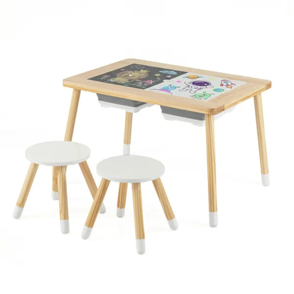 All-in-One Kids Activity Table And Chairs Set, Pine Wood Sensory Table With Foldable Storage Bins For Ages 3+